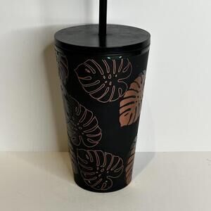 Starbucks Black Tumbler with Copper Leaf Design and Straw